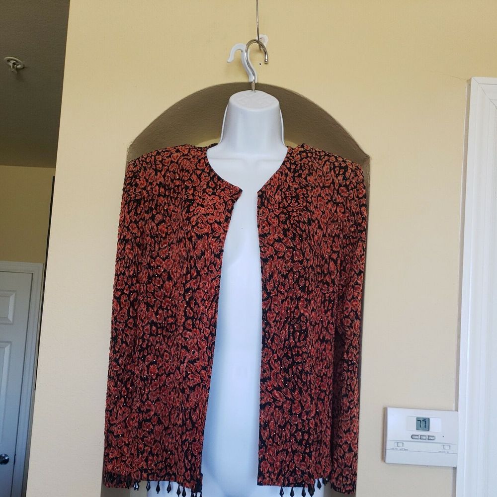 R&K burnt red orange black‎ sparkly Evening artsy dressy cardigan blazer beaded